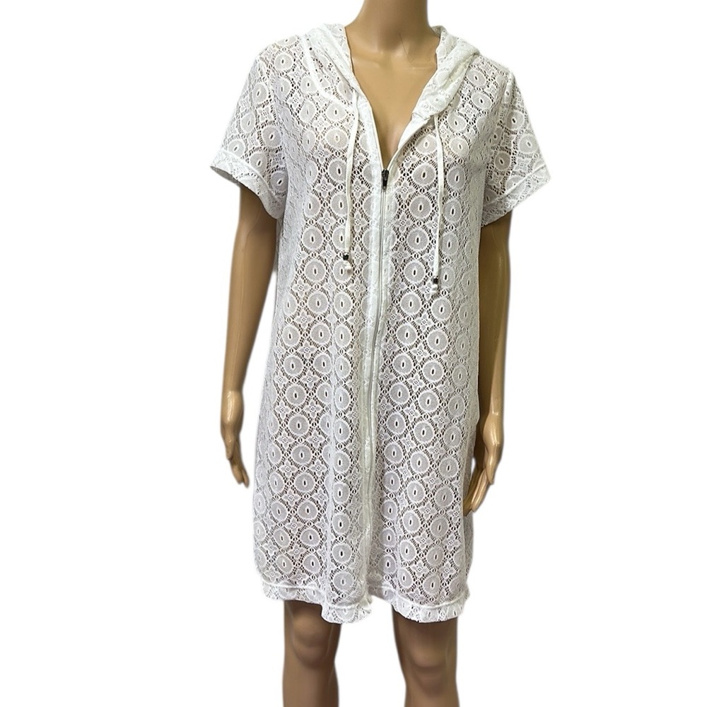 Jaclyn Smith White Lace Full Zip Up Hooded Short Sleeve Swim Coverup Womens L
